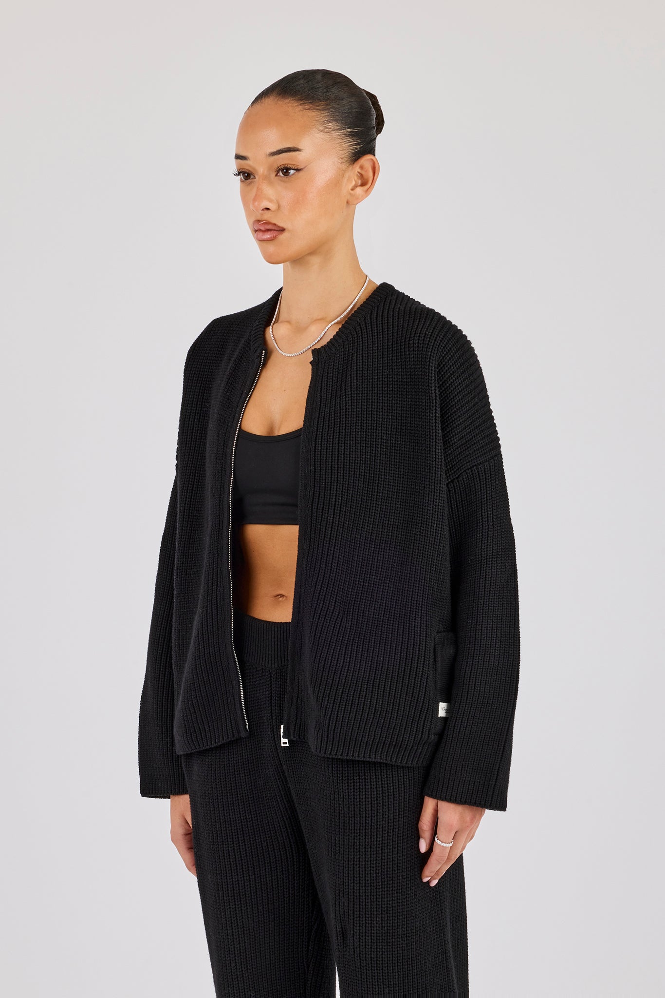 Ribbed Knit Collarless Bomber - Black